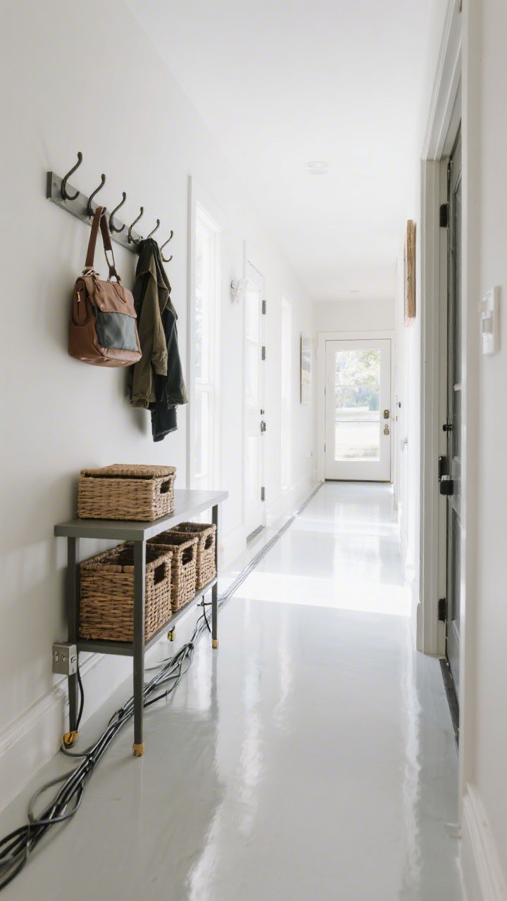 Wide entryway shot: Clear floor with cords hidden along furniture legs via adhesive clips, a wall-mounted hook rail holding bags and coats, a narrow console with lidded baskets below for storage; cable raceway painted to match the baseboard; bright natural light highlighting generous 36-inch walkway.