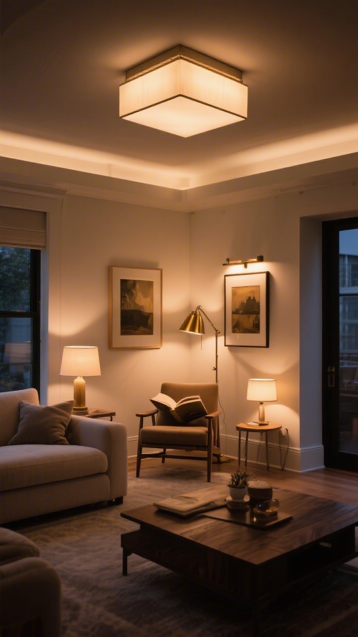 Wide evening interior: Layered lighting in a living room—dimmable overhead fixture turned low, a brass task lamp by a reading chair, and picture lights highlighting art; warm bulbs at 2700–3000K create a cozy glow; lamps placed in corners to push light onto walls, soft shadows that add depth.