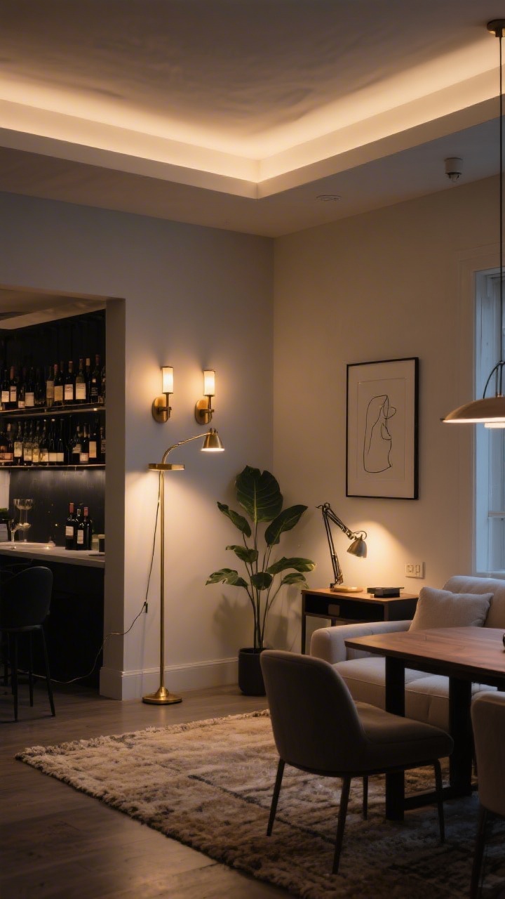 Wide evening interior: Living-dining area showcasing three-layer lighting—ambient glow from a slim brass floor lamp and a pair of plug-in sconces with warm 2700K bulbs; task lighting from a swing-arm lamp by the sofa and a focused desk lamp at a small console; accent lighting via a picture light over a minimal line drawing and a tiny uplight behind a leafy plant; dimmers engaged for a cozy wine-bar vibe; charcoal accents, oat rug, neutral upholstery; corner-angle view, photorealistic.