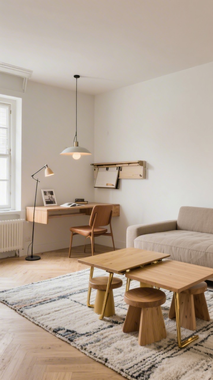 Wide multipurpose zone: Studio layout defined with rugs and lighting—a pendant over a compact dining nook, a floor lamp by a reading chair, and a sleeper sofa opposite a wall-mounted fold-out desk; drop-leaf table half-extended, nesting stools tucked under; consistent warm brass and light oak finishes unify zones.