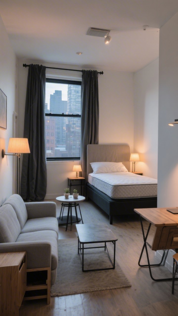 Wide room shot of a small apartment “liveable in a weekend” setup: a 60–72" light-gray loveseat with hidden storage facing a compact bistro table for two, a simple black metal platform bed with a neutral headboard slipcover in the adjacent nook, mid-tier hybrid mattress visible through neatly tucked bedding edges, two warm-glow lamps (no overhead lights on), blackout curtains on slim black rods framing a city window, drop-leaf dining table option folded on one side, neutral palette with soft whites, charcoal, and natural wood accents; photographed straight-on with evening ambient lighting emphasizing cozy, functional essentials
