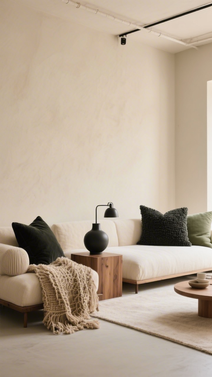Wide shot: A cohesive studio space with warm beige walls, creamy textiles, and a tight two-accent color story of muted sage and matte black repeated across throw pillows, a small vase, and lamp hardware. One wood tone and one metal finish only; textures like boucle, linen, jute, and ribbed ceramics add depth. Soft, even daylight, calm and cohesive mood, photorealistic.