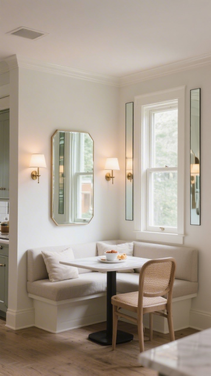 Wide shot: A compact breakfast nook framed with narrow vertical mirror panels acting as trim on either side of a pass-through window; a pair of wall sconces flanks a central mirror within the nook for doubled glow; slightly tinted mirrors soften morning reflections; cozy seating, light-filled corner ambiance, balanced and inviting.