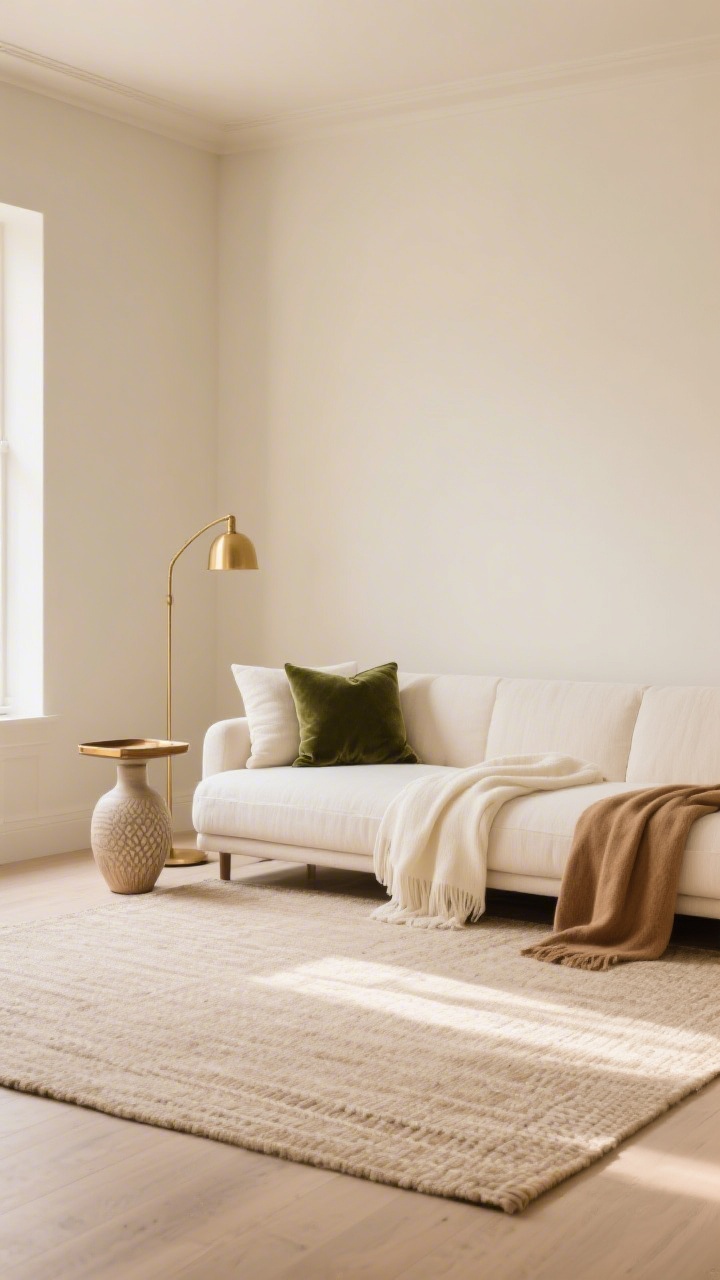 Wide shot: A serene living room built on warm neutrals—bone walls, oat-toned low-profile linen sofa, putty flatweave rug, and camel throw; tone-on-tone styling with an off-white sofa, cream throw, and ecru pillow; one confident accent in deep olive via a single velvet cushion and a ceramic vase; metals kept consistent in warm brass (slim floor lamp and tray edge); no bold patterns, just subtle weaves; soft afternoon natural light, straight-on viewpoint, photorealistic quiet luxury mood.