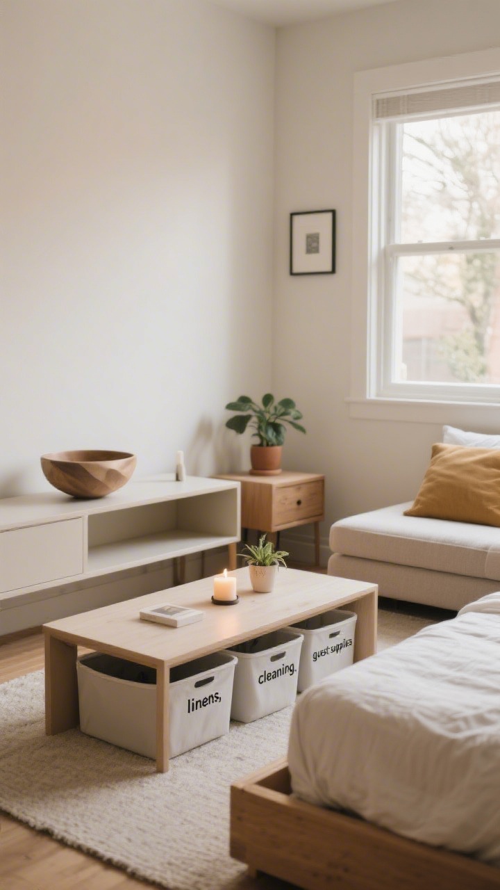 Wide shot: A small Airbnb living area with cleared, minimalist surfaces; each surface features one hero object like a single sculptural bowl on a console, one candle on a coffee table, and one small plant on a nightstand. Under-bed bins labeled “linens,” “cleaning,” and “guest supplies” peek out neatly from a low bed. Natural daylight, calm, uncluttered mood, warm neutral palette, photorealistic.