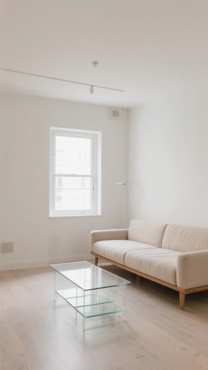Wide shot: A small living room with a right-sized low-profile sofa (about two-thirds the length of the longest wall), slim open legs, and a glass acrylic nesting coffee table on display; airy floor visibility, clear sightlines, neutral upholstery in light oat, natural wood legs, and plenty of negative space around pieces; soft daylight from a window, minimal decor to emphasize how bulky pieces were swapped for lean silhouettes.