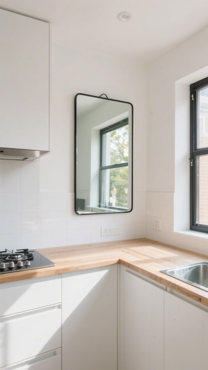 Wide shot: A small modern kitchen with white cabinets and light oak countertops, featuring a large clean-lined rectangular oversized mirror with a black metal frame mounted across from a sunlit window, reflecting daylight and doubling the look of the backsplash; the mirror is hung low with its bottom aligned to the countertop top edge, mounted slightly higher near the cooktop with tempered glass; mood is bright and airy, sleek modern styling, no people.