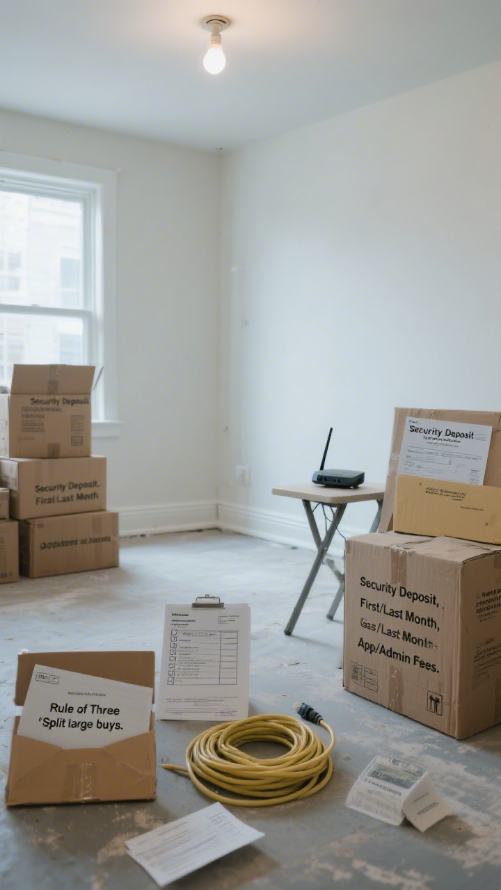 Wide shot: An unfurnished, just-accepted apartment with moving boxes stacked, a visible lease packet, and envelopes labeled “Security Deposit,” “First/Last Month,” and “App/Admin Fees.” A router install appointment card sits next to coiled ethernet cable and a gas/electric deposit slip. Include a small fold-out table with a checklist titled “Rule of Three” and a highlighted “Split large buys.” Cool daylight, straight-on perspective, raw textures of cardboard, scuffed baseboards, and bare bulb overhead.
