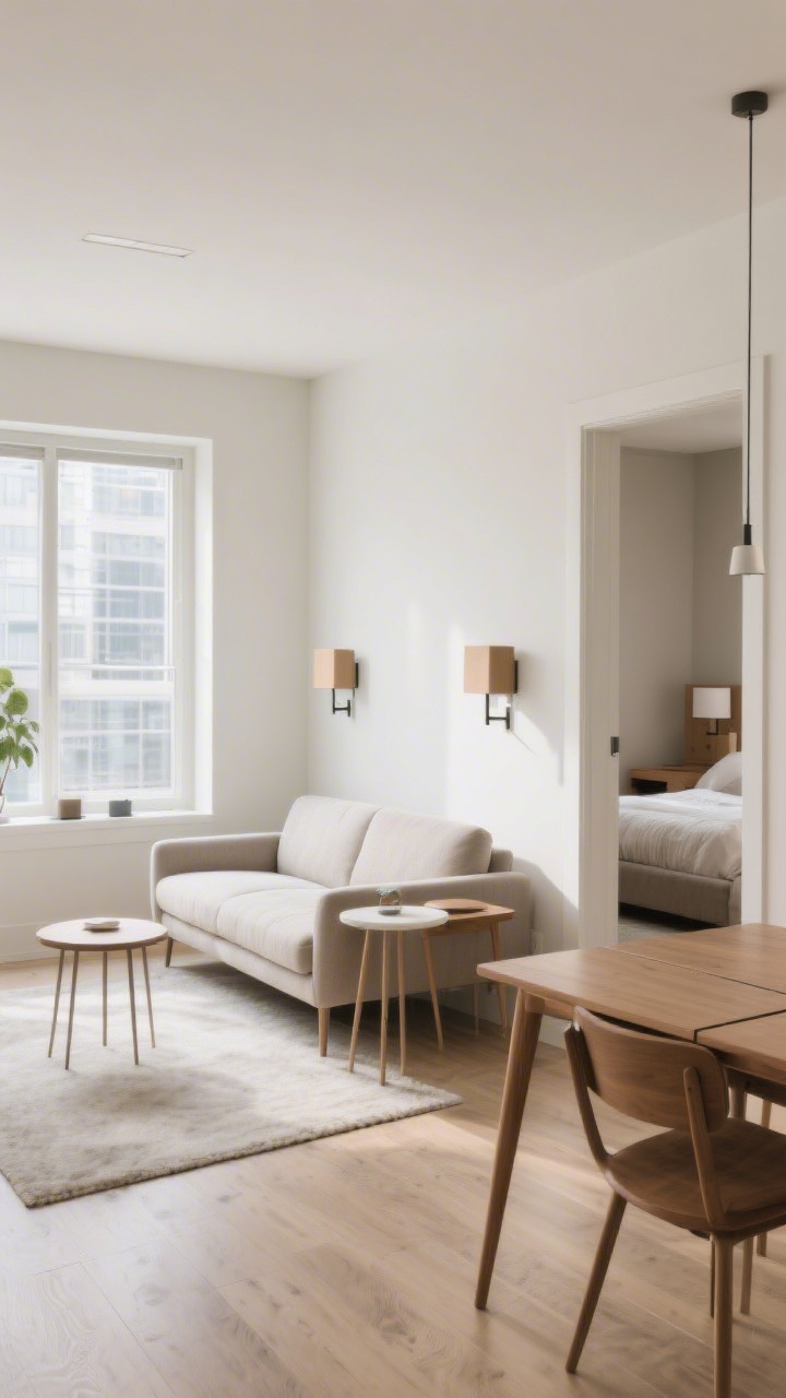 Wide shot: Compact living room featuring a condo-sized loveseat with slender arms and tall legs, a round side table easing traffic flow, and wall-mounted nightstands visible in the adjacent sleeping nook. Open, leggy furniture exposes more floor; a drop-leaf dining table folds neatly against the wall. Bright natural light, airy feeling, photorealistic.
