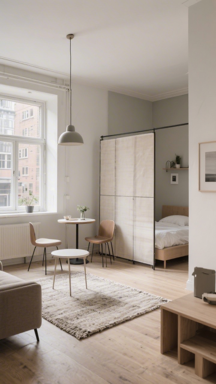 Wide shot, corner angle: Studio zoned like a tiny city—neutral low-pile rug defining the living area, a pendant over a petite bistro table marking the dining zone, and a lightweight folding screen subtly separating the sleep area. Consistent palette, thoughtful furniture placement, balanced lighting, photorealistic.