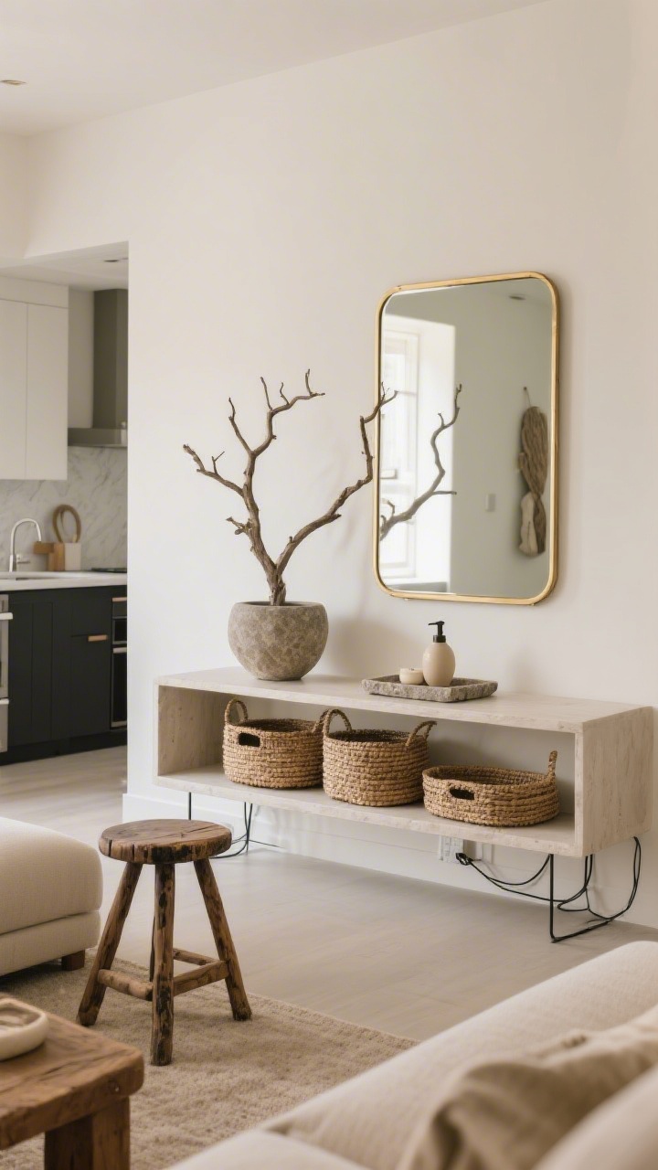 Wide shot: Edited living room with one signature statement—surfaces decluttered, cables hidden, matching woven baskets and trays unifying storage; upgraded everyday items like a ceramic soap dispenser on a stone tray visible in a nearby kitchenette; a single oversized mirror with a slim brass frame reflecting light; centerpiece signature: a sculptural branch in a heavy stone vessel on the console; vintage wood stool as side table with patina; calm camel, bone, and charcoal palette; balanced negative space; straight-on composition, photorealistic.