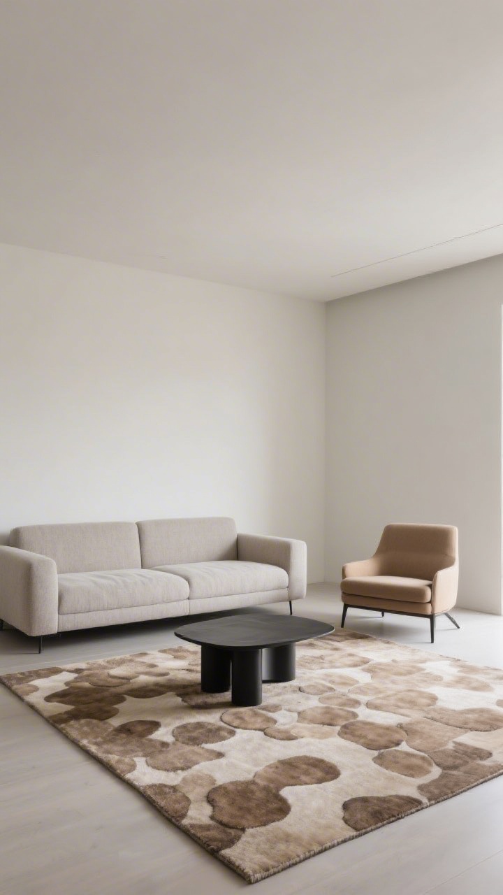 Wide shot: Living room layout with sofa floated a few inches off the wall, an area rug defining a centered conversation zone, and a single accent chair angled into a corner to soften lines; neutral palette with greige sofa, mushroom-toned rug, slim black metal leg table; eye-level straight-on view showing depth created by pulled-forward furniture.
