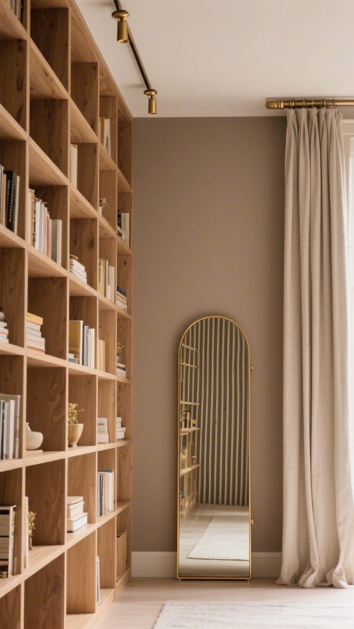 Wide vertical perspective: Tall bookcases rising to within 2–3 inches of the ceiling, curtain rods mounted near the top of the wall, and a floor mirror with subtle vertical stripes reflected; lines draw the eye upward, soft natural light emphasizes height; palette of warm taupe walls, light oak shelving, and brass accents.