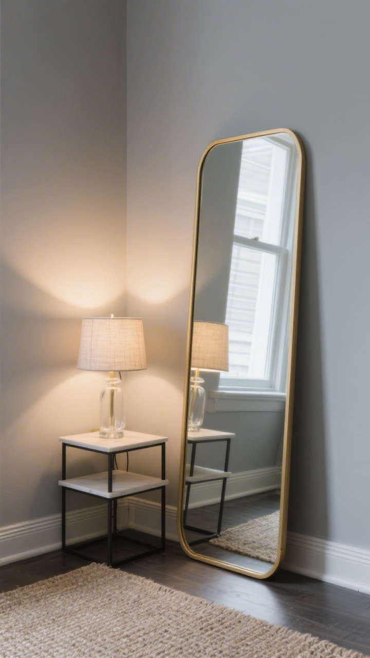 5-foot mirror with a slim brass frame leaned casually against a soft gray wall in a small apartment corner. In front, a small nesting table holds a table lamp with a linen drum shade and a clear glass base, set to a warm glow. The mirror is slightly angled to catch and bounce the lamp’s light, doubling brightness and visually expanding the space while avoiding clutter reflections. Include a muted jute rug, a minimal baseboard, and gentle light gradients for intentional, airy ambiance.