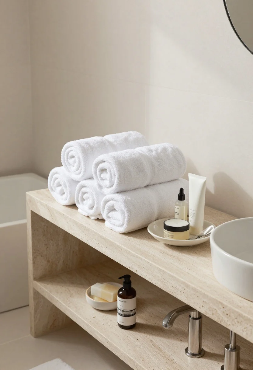 A clean, bright bathroom detail shot: a trio of rolled white towels spa-style on a stone bench, extras hidden; skincare and soaps grouped neatly on a single tray or ceramic dish by the sink; polished nickel faucet, stone countertop, and subtle veining; natural light bouncing off tile, with a calm, elevated, editorial presentation.