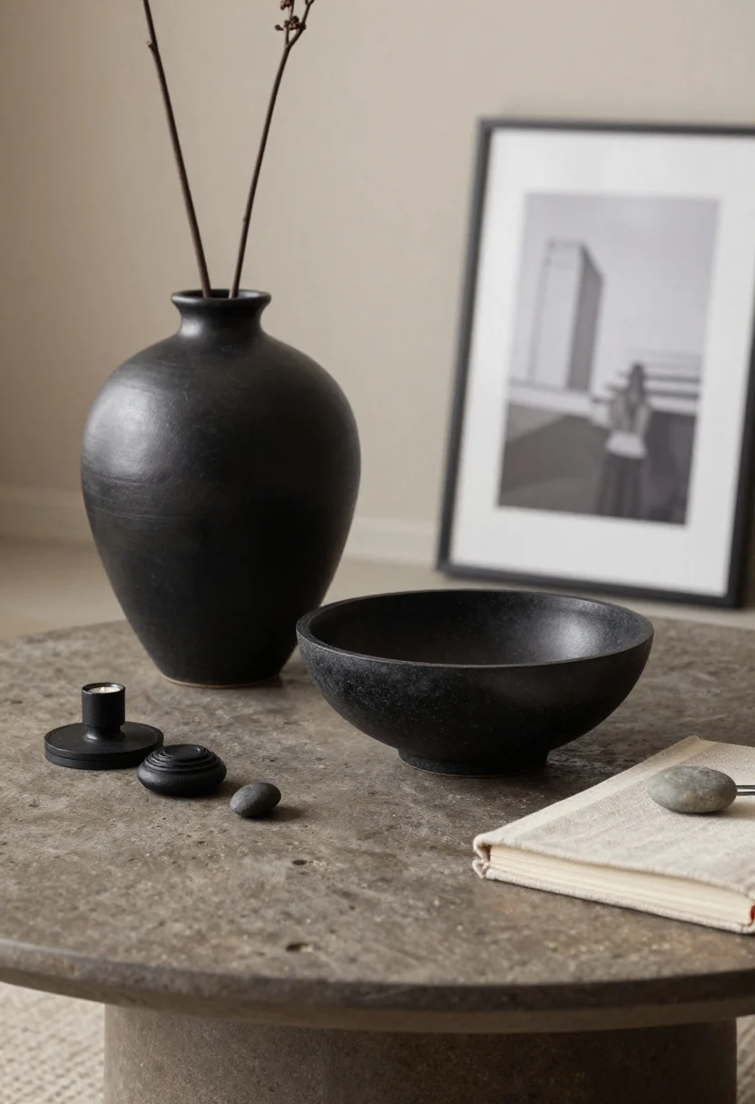 A closeup detail vignette of a coffee table styled with the 1-2-3 rule: one tall element (a glossy black ceramic vase with a single stem), two medium pieces (a matte travertine bowl and a framed photo), and three small accents (a candle snuffer, a small linen-wrapped book, and a pebble); tight neutral palette of black, stone, and warm linen; rich texture contrasts, soft directional light creating depth; aspirational, curated composition.