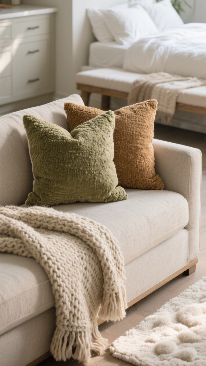 A closeup, tactile detail shot of upgraded textiles: olive and warm neutral linen/bouclé throw pillow covers with plump down or down-alternative inserts on a beige/greige sofa, a chunky knit weighted throw draped naturally, and a glimpse of crisp white percale bedding folded on a nearby bench; include a soft kitchen runner or plush cloud-like bath mat edge in frame for micro-upgrade context; soft morning light highlighting fabric weave and texture, photorealistic.