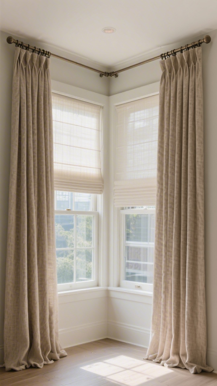 A corner-angle, wide shot of elevated windows: curtain rods mounted 4–6 inches above the frame and extended wider so textured linen-blend drapery hangs outside the glass, floor-kissing length for a luxe feel; layered with a sheer roller shade behind for privacy and glow; avoid shiny fabrics; warm neutral drapes in soft daylight, making the ceiling feel taller, photorealistic.