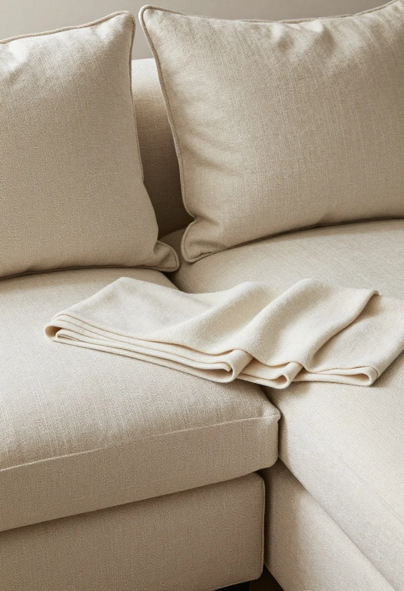 A detailed closeup of elevated textiles on a linen sofa: two large pillows fluffed and stacked at the arm forming an L-shape with a contrasting lumbar in front; a throw folded into thirds draped with a crisp 6–8 inch drop; fabrics in natural linen, soft wool, and textured weave; warm, diffused light highlighting tactile richness; boutique, premium feel with impeccable edges and plush loft.