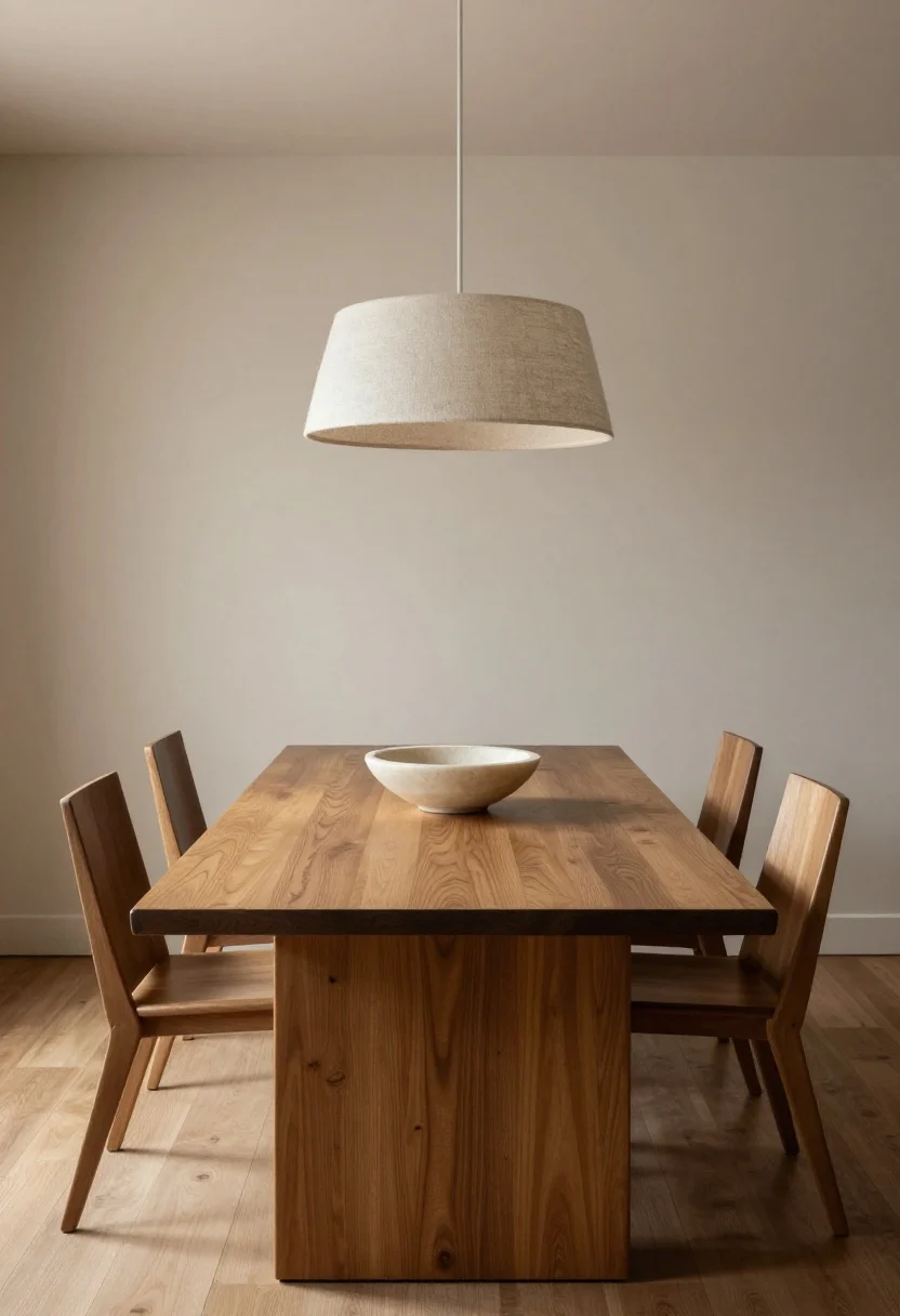 A medium dining area scene from a straight-on view: table perfectly centered under the pendant, chair backs clear, and a single sculptural object—like a travertine bowl—at the center; warm wood table, linen pendant shade, subtle shadow play; restrained palette and crisp alignment convey luxury minimalism.