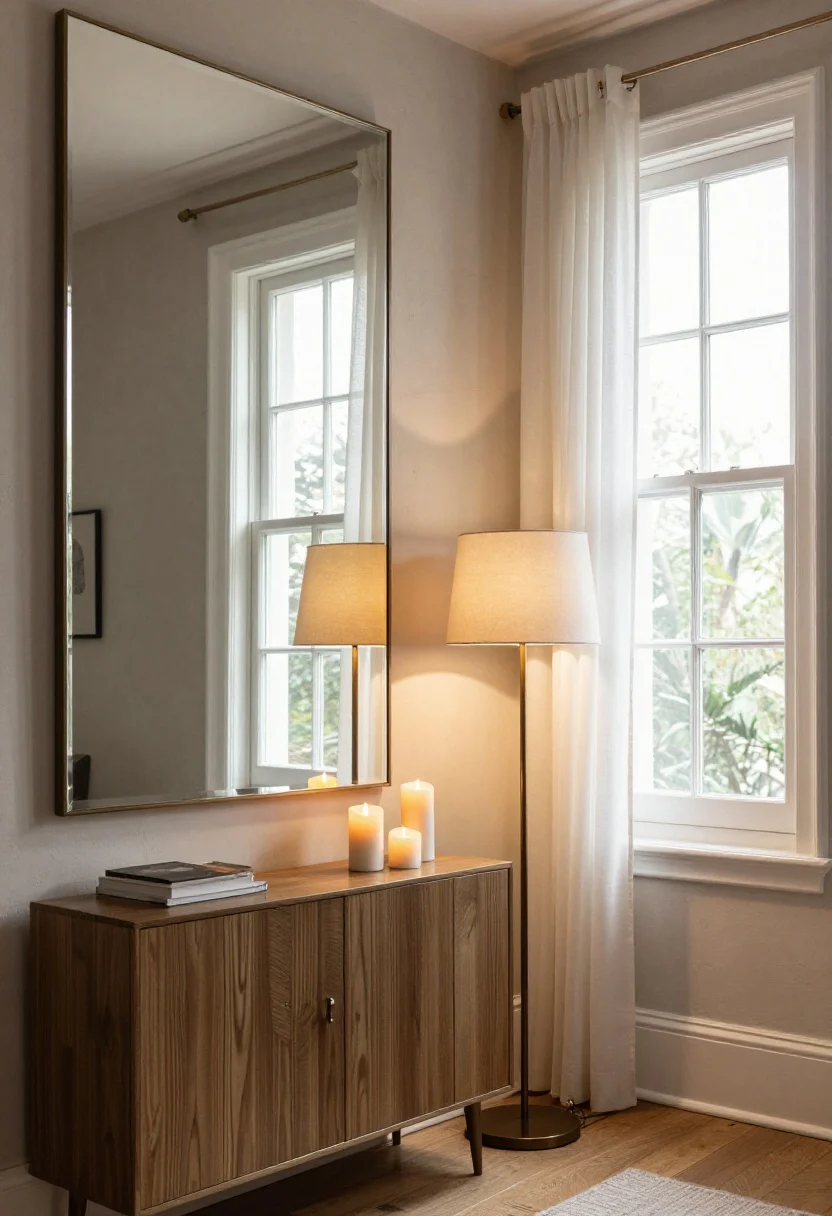 A medium shot of a bright living area focused on maximizing light: sparkling clean window panes with sheers stacked fully to one side, a large mirror opposite the window bouncing sunlight across a plaster wall; evening mood set with three-level glow—floor lamp, table lamp, and candles—creating a warm layered ambiance; reflective accents on a console enhance texture; premium finishes, controlled warm vs cool bulbs for zones.