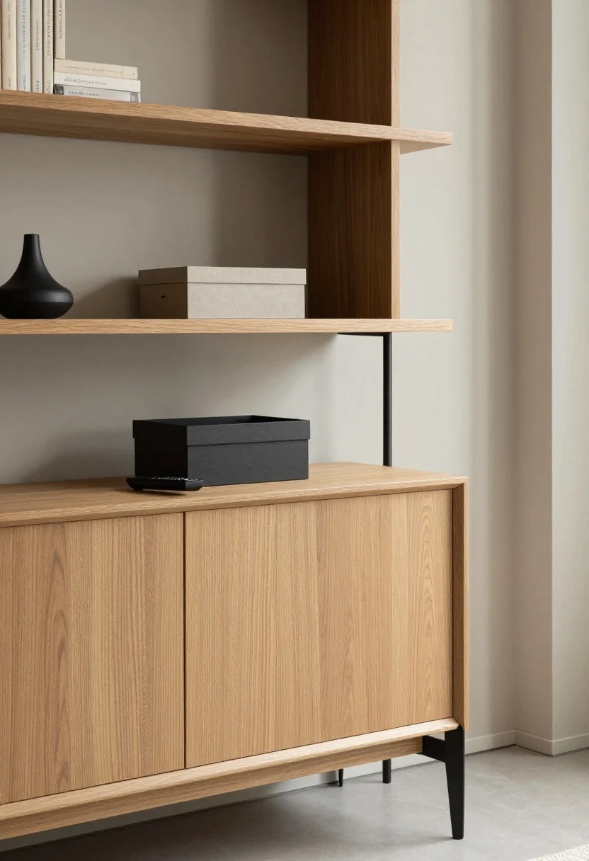 A medium shot of a media area with hidden visual noise: a sleek console with closed doors, one elegant remote visible on the surface, cords routed in a single vertical drop behind a leg; a lidded neutral shoebox repurposed as a catchall on a bookshelf; clean horizontals and verticals emphasize wood grain, matte black metal, and stone accessories; soft layered lighting adding polish and calm.