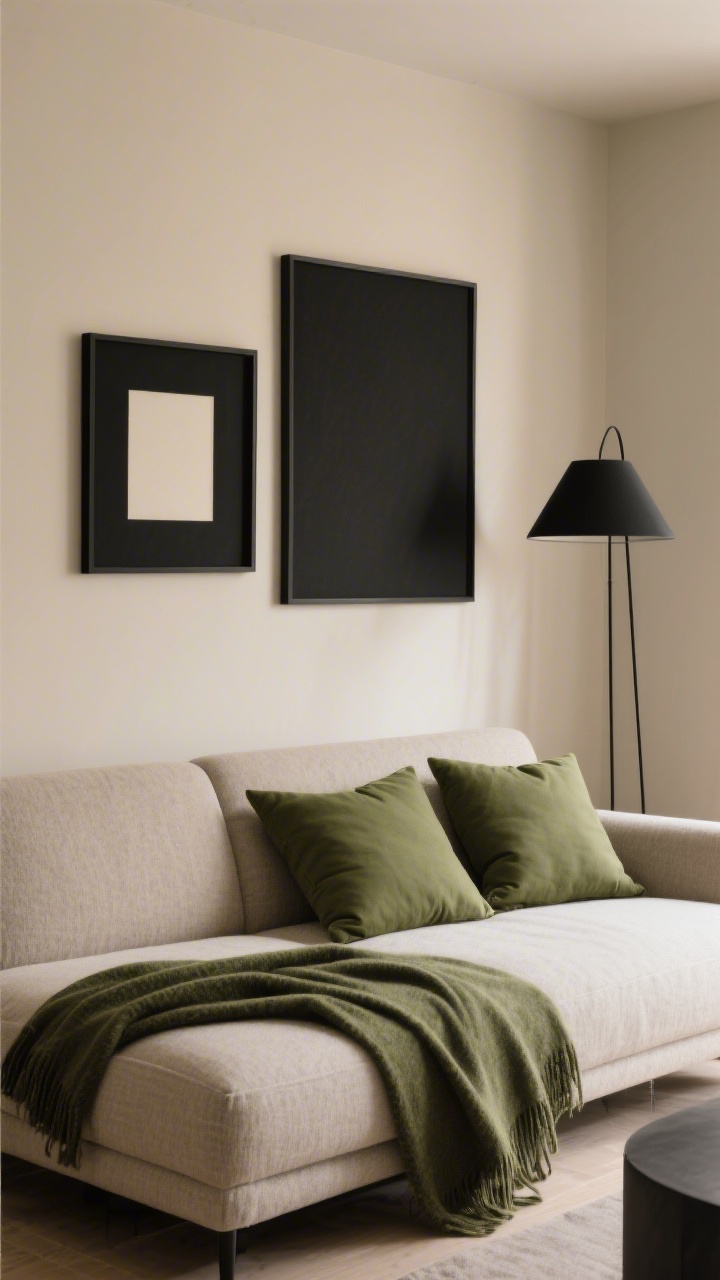 A medium shot of a sofa wall that showcases a disciplined color story: warm neutral (beige/greige) textiles on the sofa, olive green cushions and a matching throw as accents, and crisp matte black elements in the room—black picture frames above the sofa and a matte black floor lamp—creating balanced contrast; cohesive palette only (warm neutrals + olive + black), soft natural light, photorealistic.