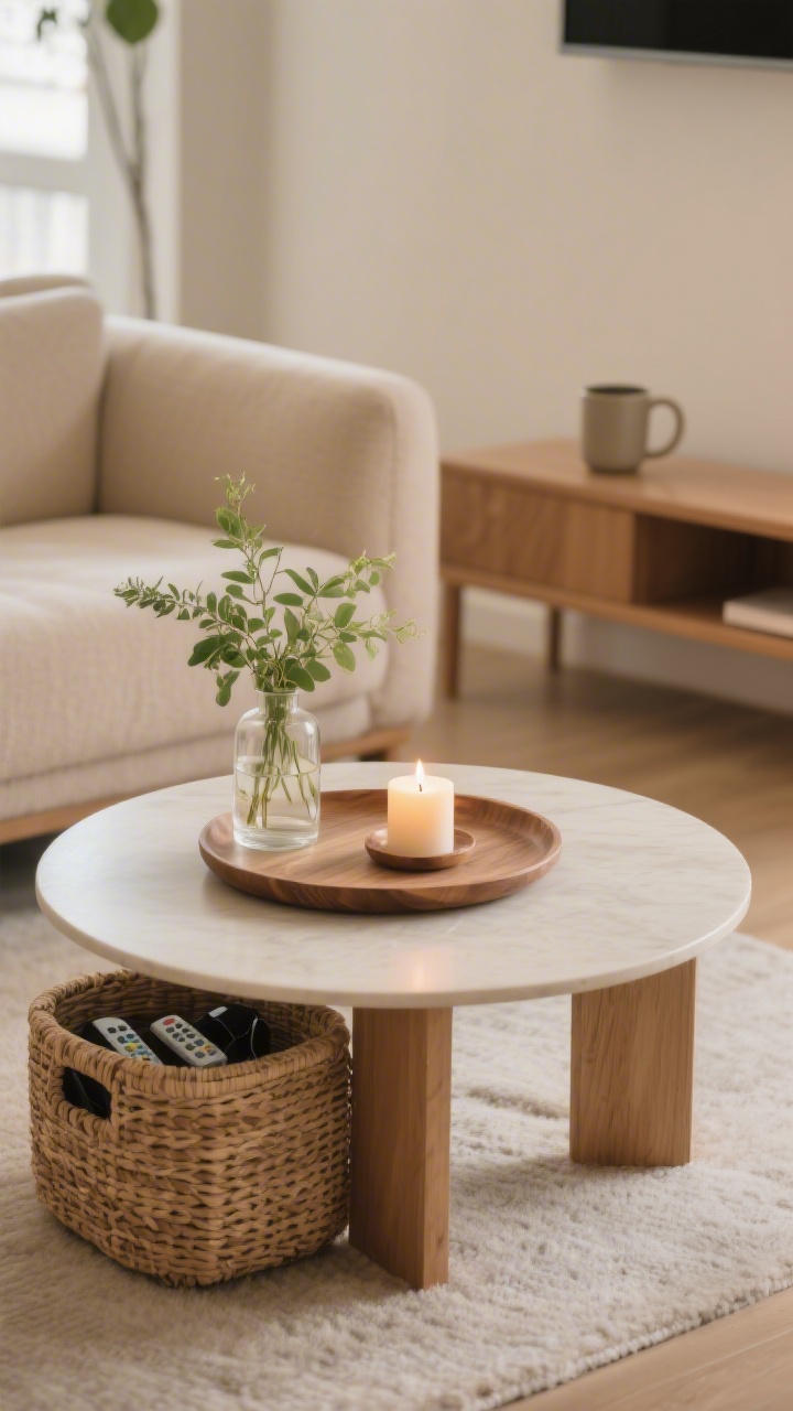A medium, straight-on living room vignette showing a decluttered coffee table with a single styled centerpiece: a low round tray holding one lit candle and a small glass vase with fresh greenery, beside a lidded woven basket tucked under the console to hide remotes and chargers; a single mug on a shelf and no visual clutter; warm neutral tones and soft daylight, photorealistic, cozy but not minimalist, emphasizing calm negative space and the “one-in, one-out” edited look.