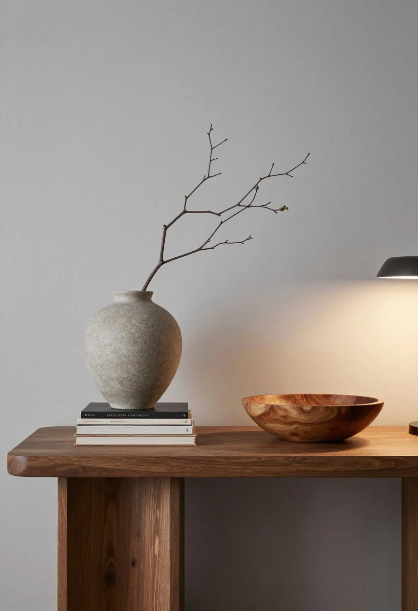 A medium, straight-on shot of a luxuriously edited console table against a soft warm-gray wall: one oversized matte stone vase with a single sculptural branch, a slim stack of hardback books with linen spines, and one warm organic object like a carved wood bowl; empty negative space on either side creates visual balance; premium finishes, subtle layered lighting with a warm table lamp off-frame casting a gentle glow; polished styling with no tiny trinkets, elevating scale and texture contrast.