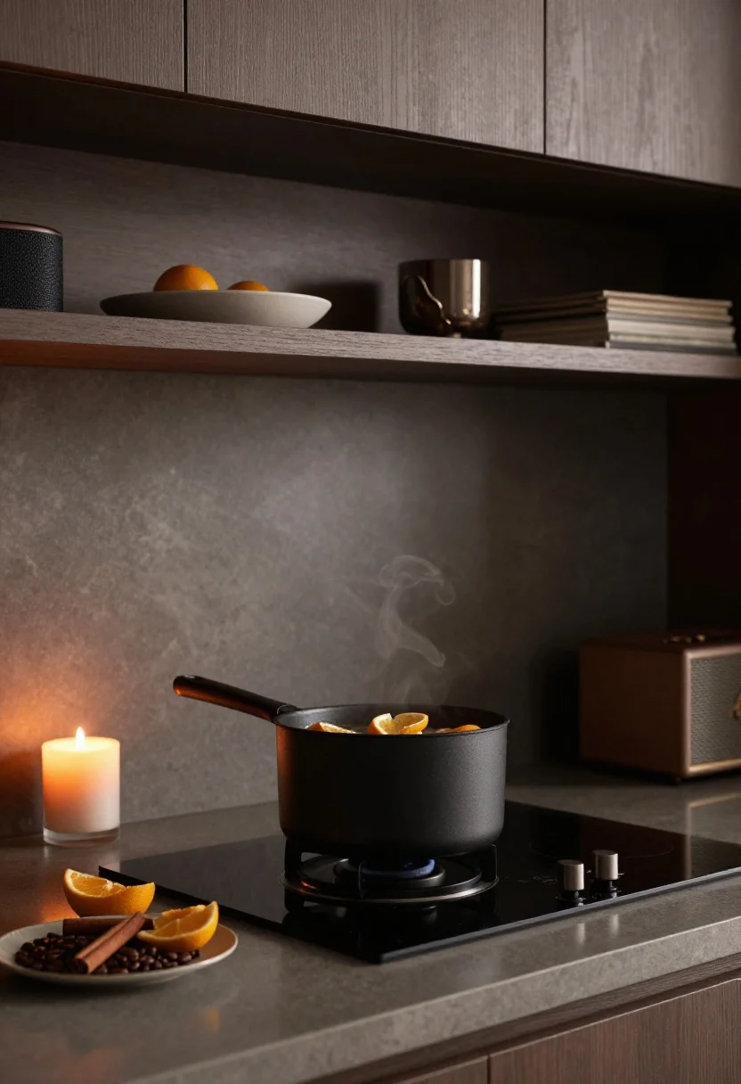 A moody, closeup kitchen vignette capturing scent and sound cues: a small pot gently simmering citrus peels and cinnamon on a matte black range, a low candle glow nearby, and a shallow dish of coffee beans on an open shelf; warm dim evening lighting, subtle reflections on stone countertop; suggest a low-volume playlist via a discreet speaker off-frame; luxurious, sensorial, hotel-lounge ambiance.