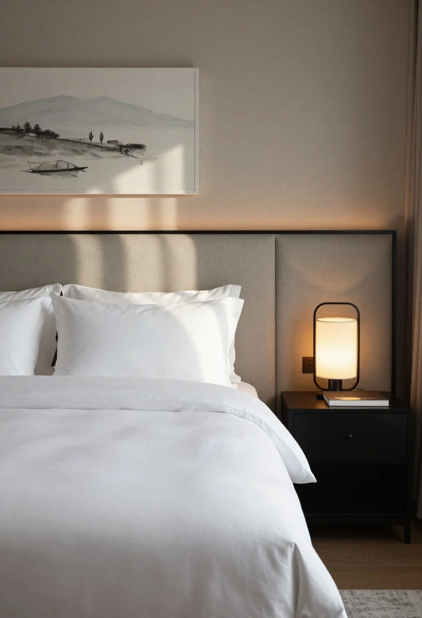 A serene bedroom medium shot with boutique bed styling: duvet tucked at the foot and folded back to reveal crisp white sheets, art lowered to eye level above the headboard, nightstand holding only a refined lamp and one book; layered textures in linen, cotton, and upholstered headboard; soft morning light and a warm bedside glow for a premium hotel feel.