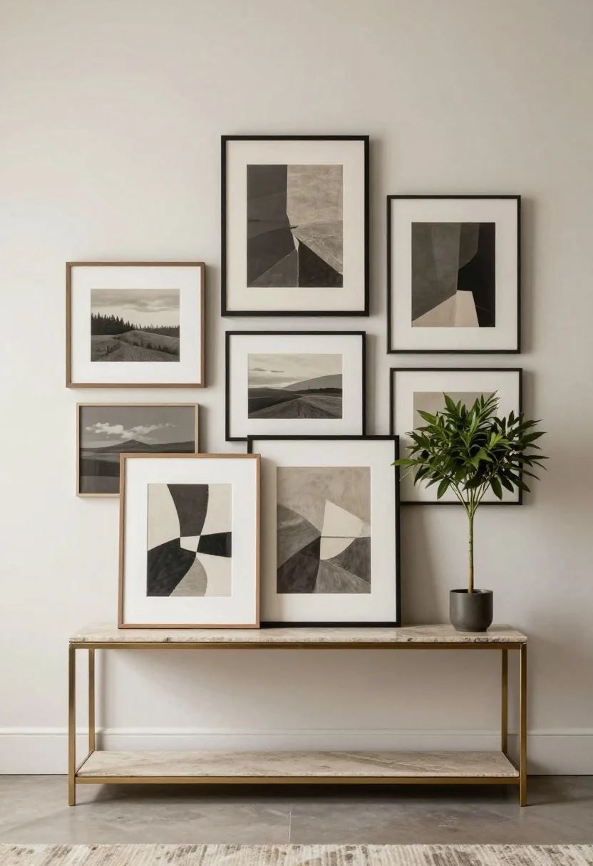 A straight-on medium shot of a gallery moment above a console: multiple artworks hung at eye level (57 inches to center) arranged in a tight cluster with 2–3 inches between pieces, unified by a neutral palette; a second smaller artwork leaning in front of a larger framed piece on the console for layered depth; a vertical floor plant at one side balancing visual mass; luxe styling with brass frame details and a stone-topped console.