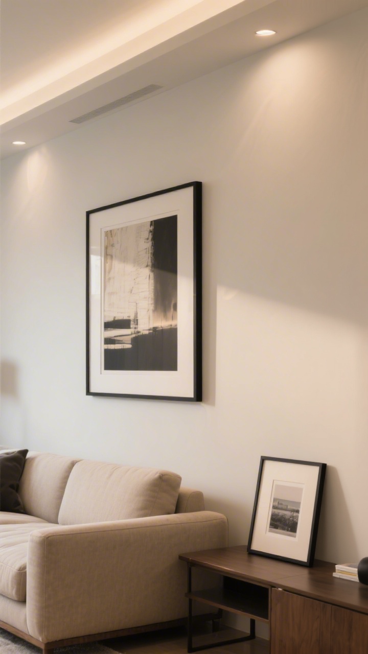 A straight-on medium shot of a living room wall featuring fewer, larger art pieces: one oversized 24x36+ statement artwork centered above the sofa in a simple IKEA-style frame with custom matting for a high-end look; adjacent wall intentionally left blank for visual rest; a casually leaned framed print on the console below, no extra clutter; warm neutral palette with black frame accents, soft indirect light, photorealistic.
