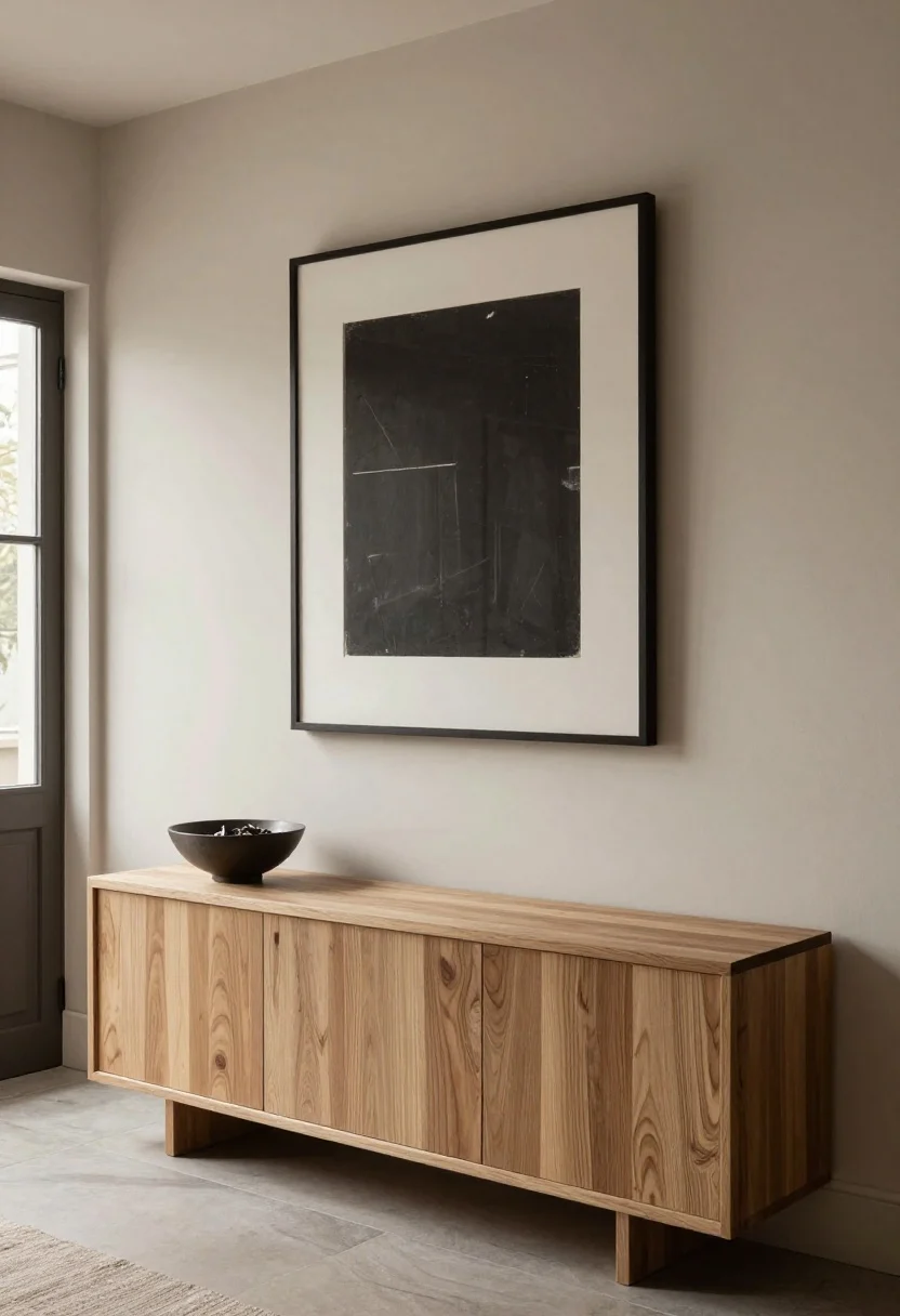 A wide entryway shot for the practical pass: console cleared with a single sculptural bowl for keys, one art piece hung lower at eye level or leaned with layered depth; natural stone or wood console top, matte wall finish; refined negative space, premium styling; soft morning light from the door sidelight highlighting materials.