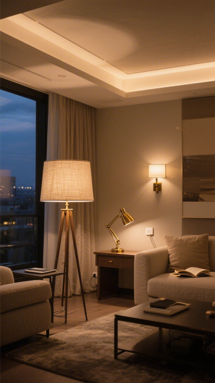 A wide evening shot of a living room layered with lighting: a fabric-shaded floor lamp casting warm 2700K ambient light, a brass pivoting desk lamp illuminating a small work corner, and a plug-in sconce beside the sofa creating a quick reading nook; smart-plug convenience implied with all lights on together; warm neutrals throughout, soft shadows, boutique-hotel coziness without harsh ceiling glare, photorealistic.