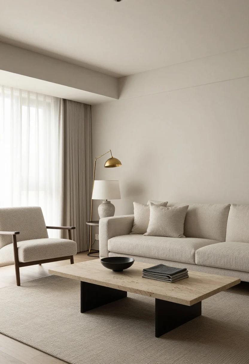 A wide living room shot executing the room-by-room pass: a chair floated to face a slim-legged sofa, coffee table styled in a 1-2-3 composition, pillows fluffed and throw folded precisely, cords consolidated behind furniture; neutral area palette with layered textures of linen, boucle, and stone; layered lighting from a brass floor lamp and a ceramic table lamp; polished, editorial calm.