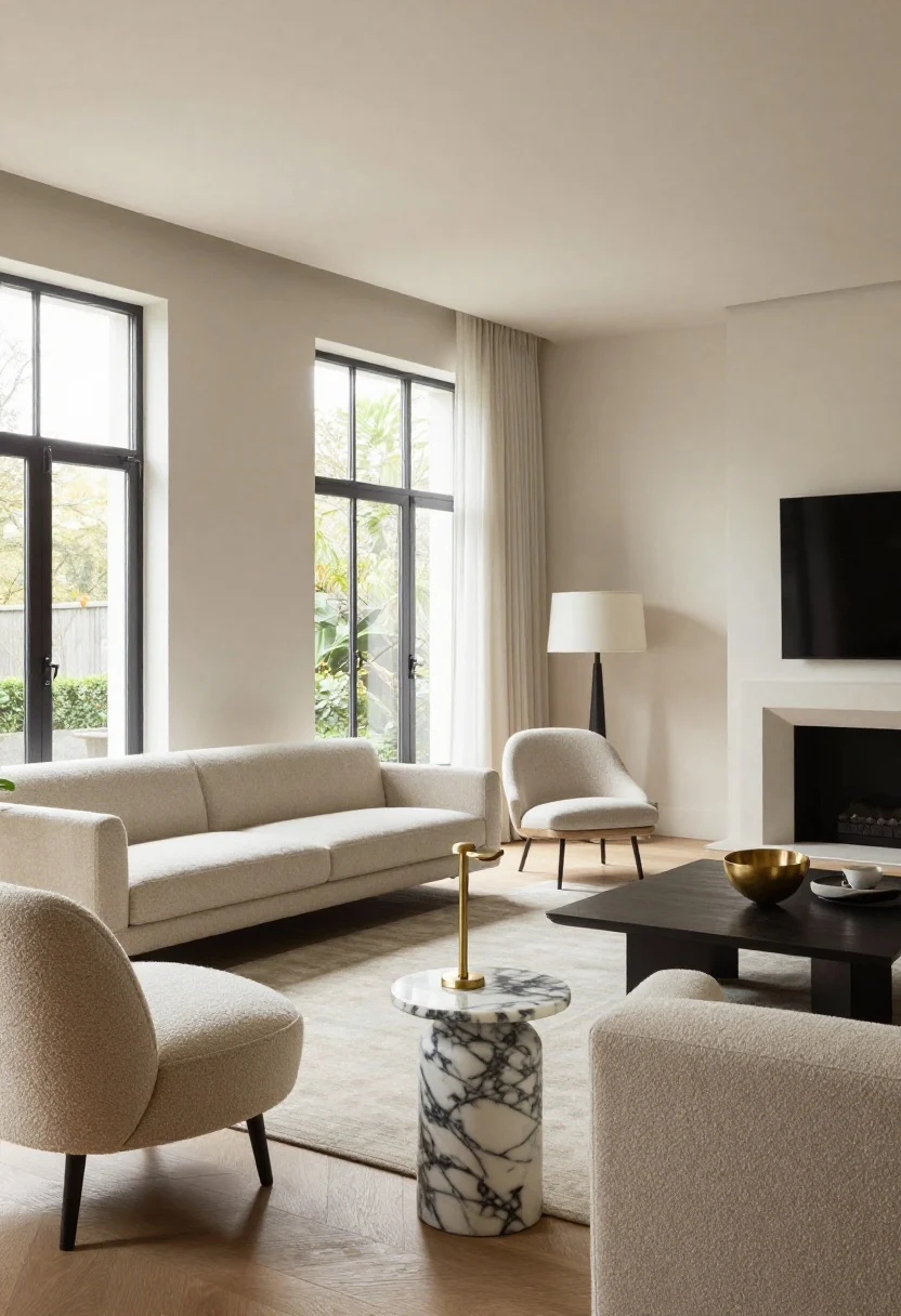 A wide living room shot from a corner angle showing a rethought layout: a slim-legged sofa pulled slightly off the wall to anchor a seating zone, a floating accent chair near a window angled toward a sculptural side table, forming a conversation triangle with a floor lamp; clear 30–36 inch pathways from entry to window; elevated materials like boucle on the chair, marble-topped side table, and brass lamp; natural daylight washing the room, luxury editorial vibe.
