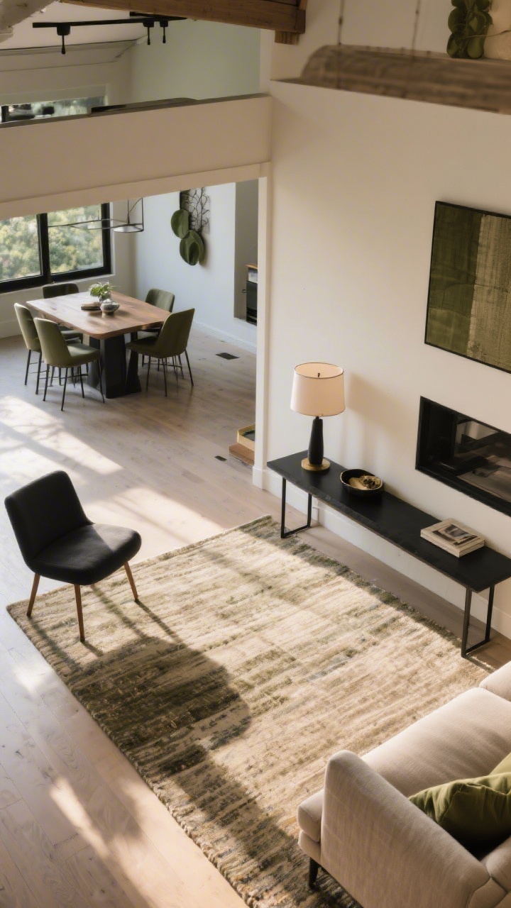 An overhead, detail-to-medium hybrid of an open-plan layout showing zoning: a right-sized area rug with the front sofa legs and adjacent chair legs on it, a slim console table behind the sofa separating living and dining with a lamp and catchall on top, and the sofa pulled 6 inches off the wall; warm neutrals with black accents, olive touches, natural afternoon light, photorealistic.