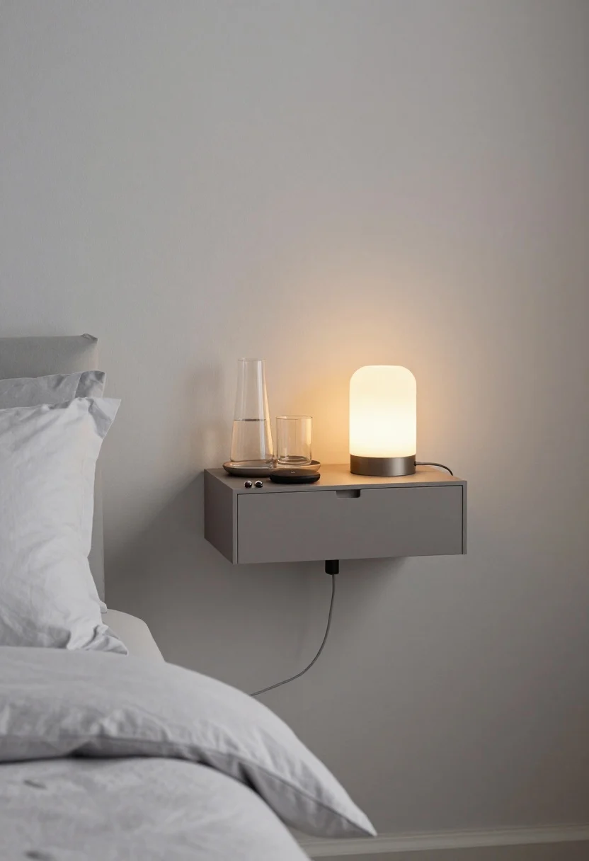 Closeup bedside slice: a narrow wall-mounted nightstand (floating shelf with a small drawer) mounted slightly higher than the mattress; a wireless charger on top, tiny trinket dish with earrings, slim glass carafe and tumbler; clip-on or plug-in sconce with warm 2700–3000K glow casting cozy light; tidy cable clip under the shelf guiding a single cord; muted bedding in soft gray and white, calm nighttime ambiance, photorealistic.