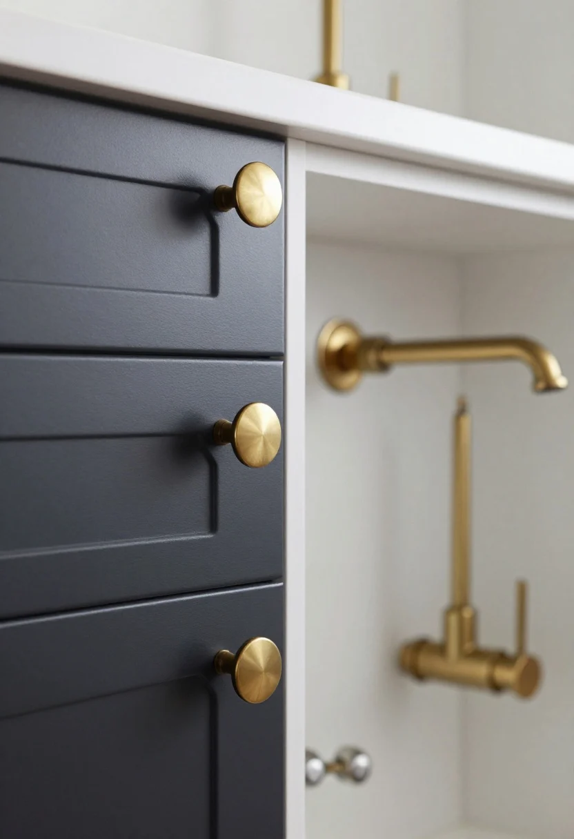 Closeup detail: Kitchen cabinet hardware swap—matte black pulls on lower drawers, brushed brass knobs on upper doors, coordinated with a modern, clean-lined brushed brass faucet and matching showerhead visible in a styled vignette. Consistent metal finishes in frame, soft morning light reflecting subtly, no high-gloss glare.
