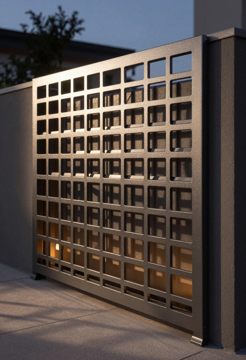 Closeup detail of a powder-coated aluminum laser-cut screen (medium-density geometric pattern) anchored in a freestanding planter frame; late dusk setting with a warm LED uplight behind the panel projecting intricate shadows on the balcony floor and wall; matte charcoal finish with subtle texture; photorealistic metal sheen and crisp cutouts; moody, luxe atmosphere.