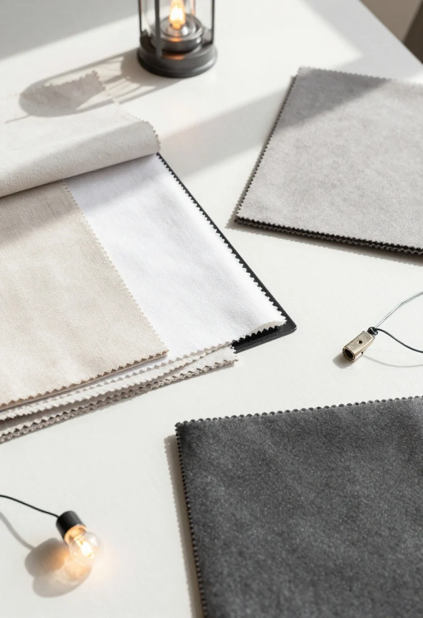 Closeup detail overhead shot of light, bright styling accents: white and soft gray swatches, oat-toned fabric samples, a black aluminum frame corner piece, and a charcoal planter finish sample laid on a sunlit tabletop; warm string light bulb, small solar lantern cap, and a metal tension fitting arranged neatly; strong natural light with crisp shadows; emphasizes light palette and contrast.