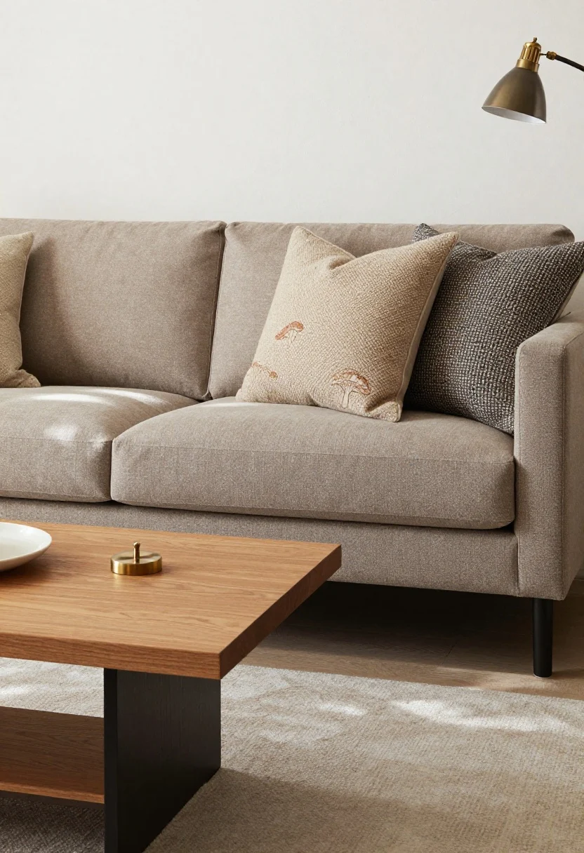 Closeup detail shot: a living room vignette showcasing low-maintenance materials—matte warm-white wall paint with subtle scuff-hiding texture, a sofa in taupe performance microfiber, medium-tone oak coffee table with a softly grained surface, pillows in textured bouclé and tweed weaves in mushroom and camel, and brushed antique brass hardware on a blackened steel floor lamp; no glass, no high-gloss, soft natural daylight grazing surfaces to minimize fingerprints and highlight forgiving textures.