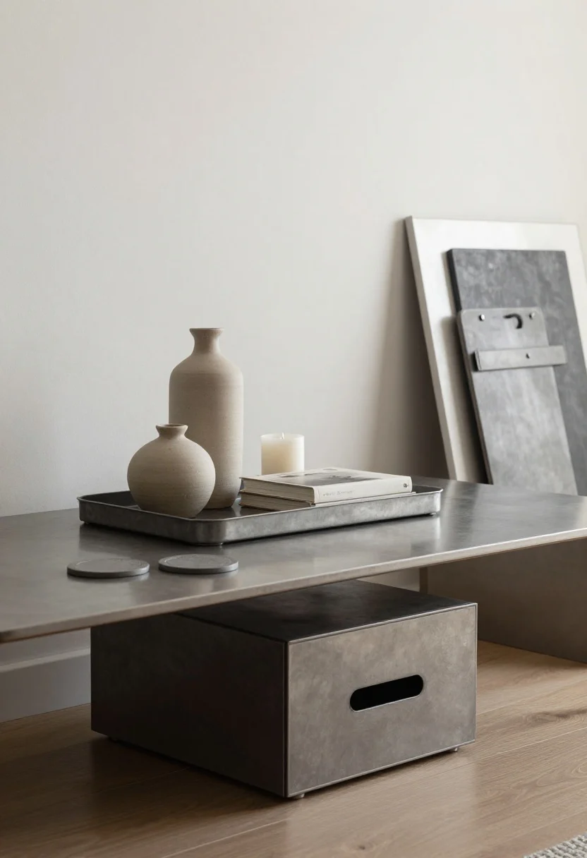 Closeup detail shot: an easy-to-clean coffee table arrangement—powder-coated metal tray holding a sturdy ceramic vase, a single candle, and one book; matching coasters in the tray to prevent water rings; the table is sealed wood (not glass), with a compact lidded box on a nearby solid side table; kitchen glimpse shows a vertical magnetic knife strip and a leaning cutting board as art; neutral, even lighting for quick wipe-down practicality.