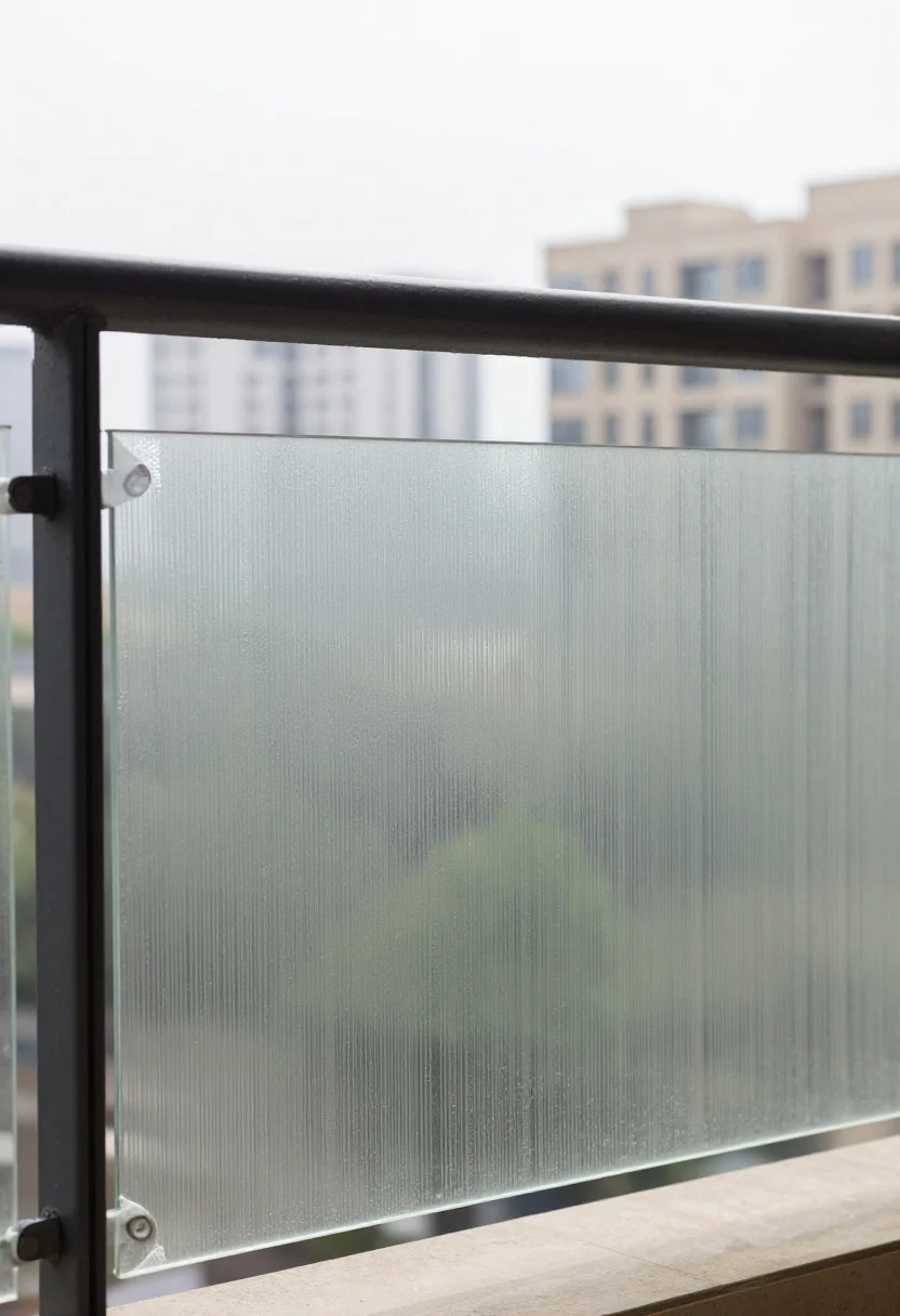 Closeup detail shot of a glass balcony railing partially covered with frosted and reeded exterior-rated window films; half-height coverage on one panel and vertical stripe bands on another to elongate the space; peel-and-stick edges and subtle squeegee water lines visible; bright daylight glowing softly through the film, crisp reflections on metal railing; neutral cityscape blurred beyond; rental-friendly look, natural color palette.