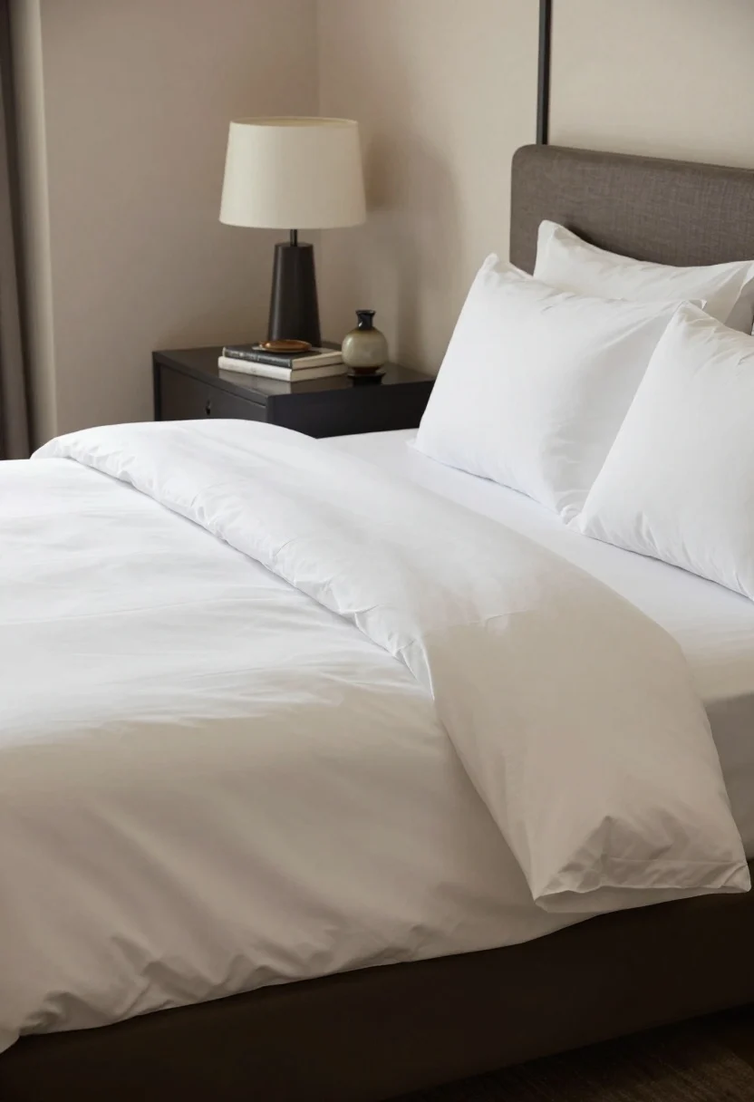 Closeup: Hotel-style bed styling—duvet smoothed like a pancake with the top third flapped back, a neat throw from the living room laid footboard-style, and pillows karate-chopped. Exposed sheet edge adds a crisp line; cords hidden behind the nightstand. Bedside balance without matching lamps: one side has a lamp and small dish, the other a stack of books with a small vase. Soft, warm morning light.
