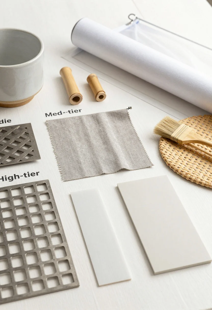 Closeup still life of budget breakdown materials on a deck board surface: Low-tier items include a roll of frosted window film, reed wrap sample, sheer curtain with tension rod, and a thrifted ceramic planter; Mid-tier includes lattice panel offcut, outdoor roller shade fabric swatch, small bamboo cane, rattan panel with sealer brush; High-tier includes laser-cut metal screen sample, composite slat offcut, and a framed polycarbonate piece; bright natural light, crisp textures.