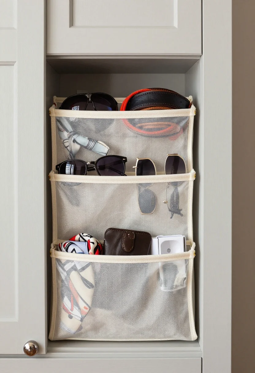 Closeup, straight-on detail of a closet door pocket organizer: clear vinyl pockets revealing sunglasses, belts, lint roller, scarf, and a tucked cedar sachet; staggered usage visible—delicate scarf and sunglasses up top, everyday items mid-level, bulkier pieces in bottom pockets; canvas fabric with structure in a color matching the painted door for a subtle, tidy look; soft natural light; crisp, organized texture details; photorealistic, no people.