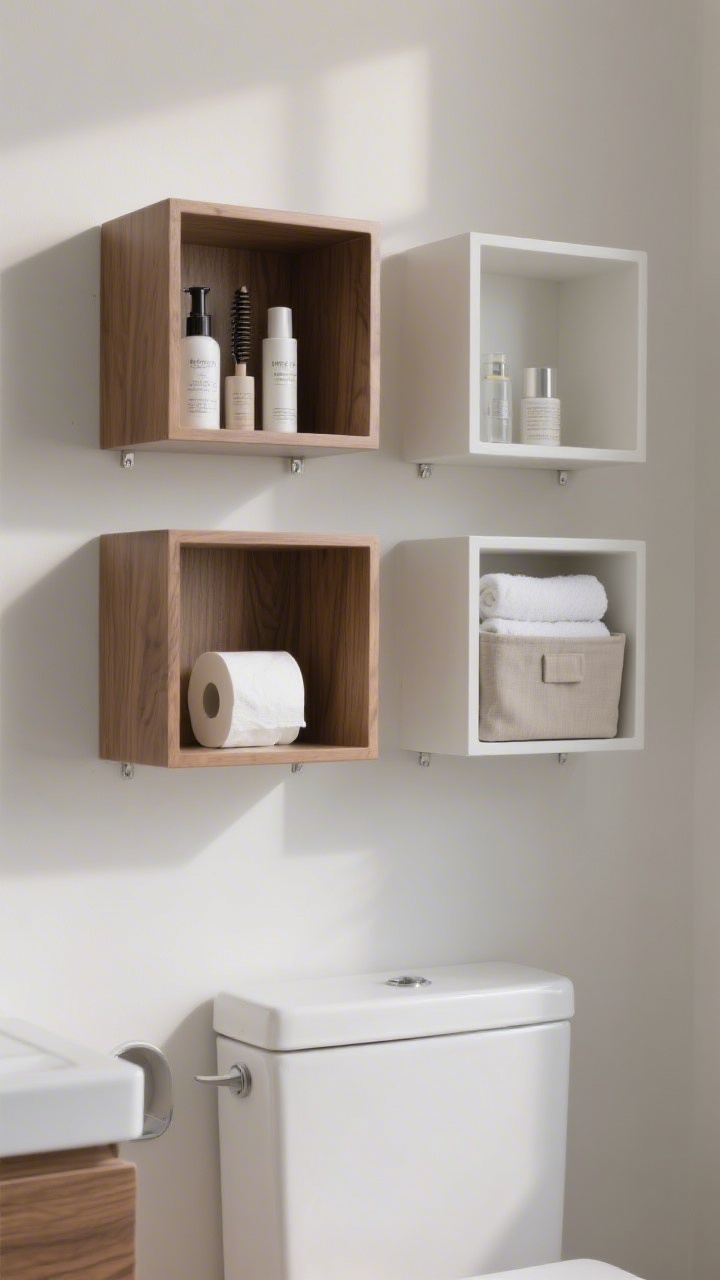 Closeup, straight-on detail of niche-style open cubes stacked above the toilet: three matte lacquer box shelves flush-mounted via hidden French cleats, mimicking built-in niches; one cube with neatly arranged haircare products, one with TP stash, one with a tidy stack of hand towels; mix of one closed fabric bin with two open cubes for balanced asymmetry; finishes in wood veneer and matte white (no shiny laminate); crisp shadow lines and photoreal wood grain; neutral, even lighting.