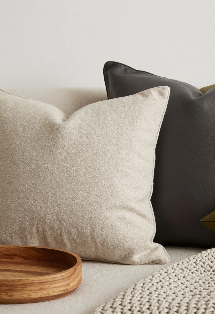 Closeup texture shot: Neutral palette with depth—nubby linen pillow in warm beige, smooth charcoal leather cushion, chunky knit throw in stone, and raw wood tray. A subtle olive accent pillow peeking in. Soft diffuse light grazing textures to show richness; tight crop for tactile detail.